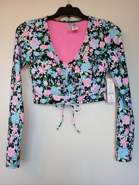 Celebrity Pink Swim Floral Long Sleeve Padded Adj Crop Top Jrs Size Small 3-5
